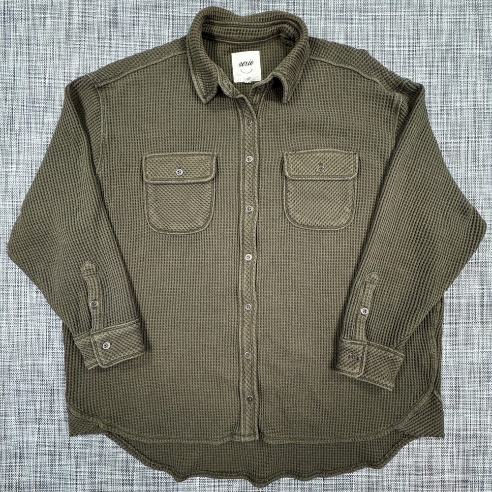 Aerie Women Shirt Jacket Waffle Knit Button Down Olive Green Shacket Size Small